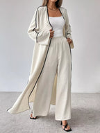 Classic Contrast-Trim Cardigan & Straight Pants Co-Ord Set Cream