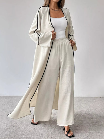 Classic Contrast-Trim Cardigan & Straight Pants Co-Ord Set Cream