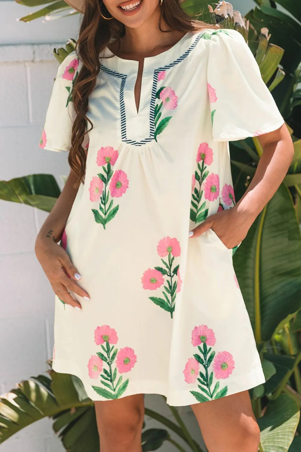 BlossomBreeze Floral Flutter Sleeve Summer Mini Dress Cream