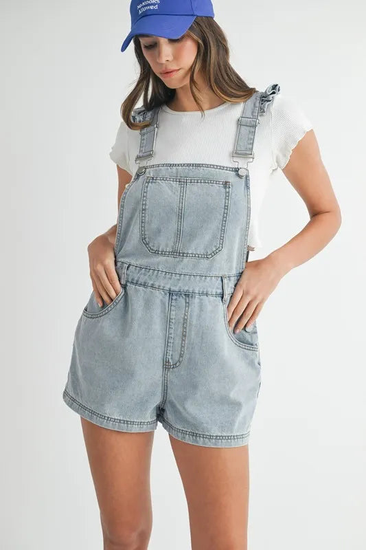 MABLE Ruffle Denim Overall Romper - Square Neck Style Pastel Blue
