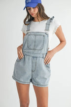 MABLE Ruffle Denim Overall Romper - Square Neck Style Pastel Blue