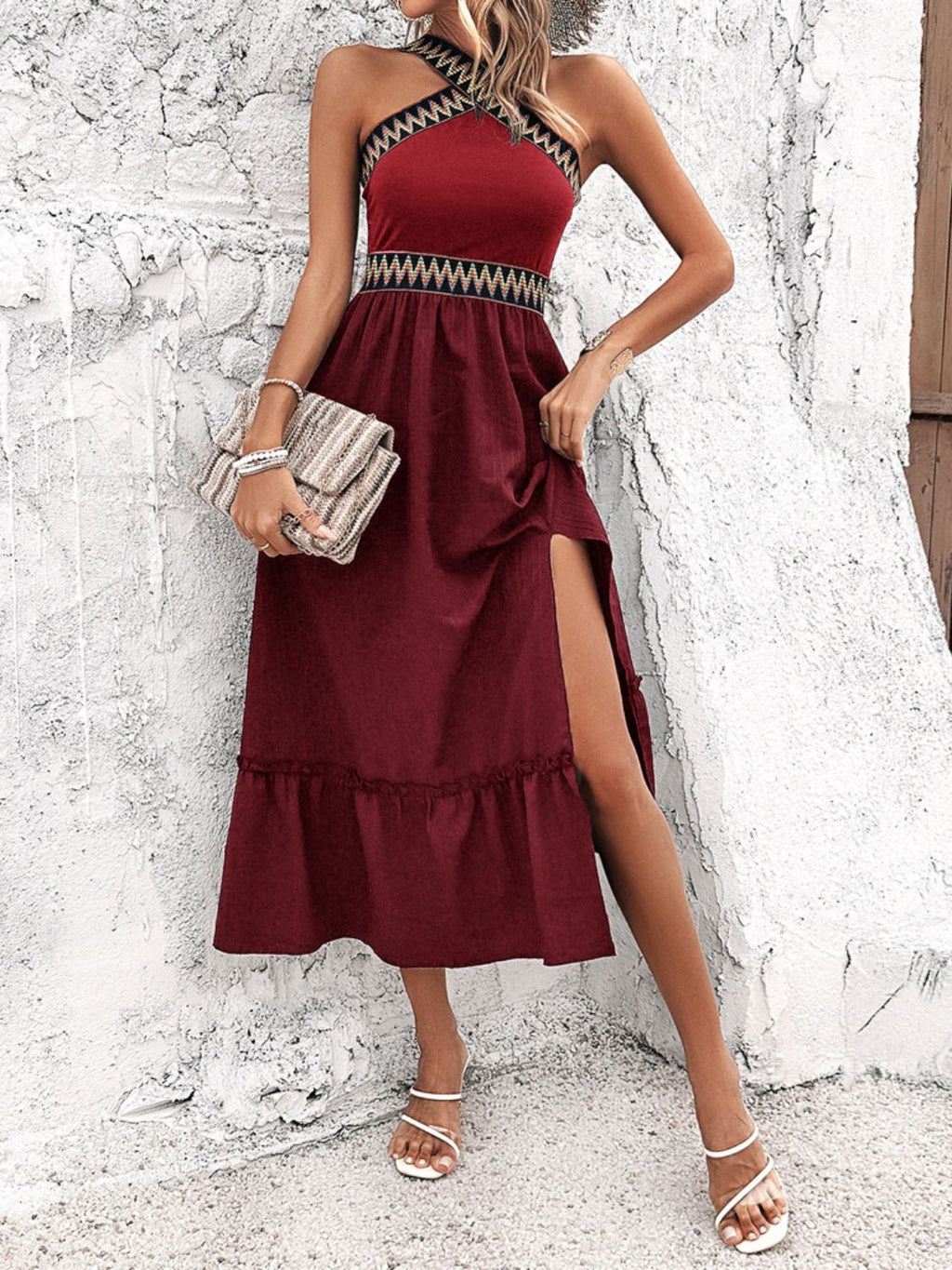 Devine Ruffled Slit Sleeveless Midi Dress - Elegant & Chic