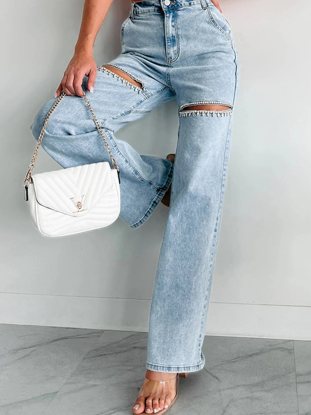 Ripped Wide Leg Wash Denim Jeans