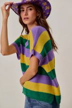 SO ME Mardi Gras Loose-Fit V-Neck Striped Sweater Top