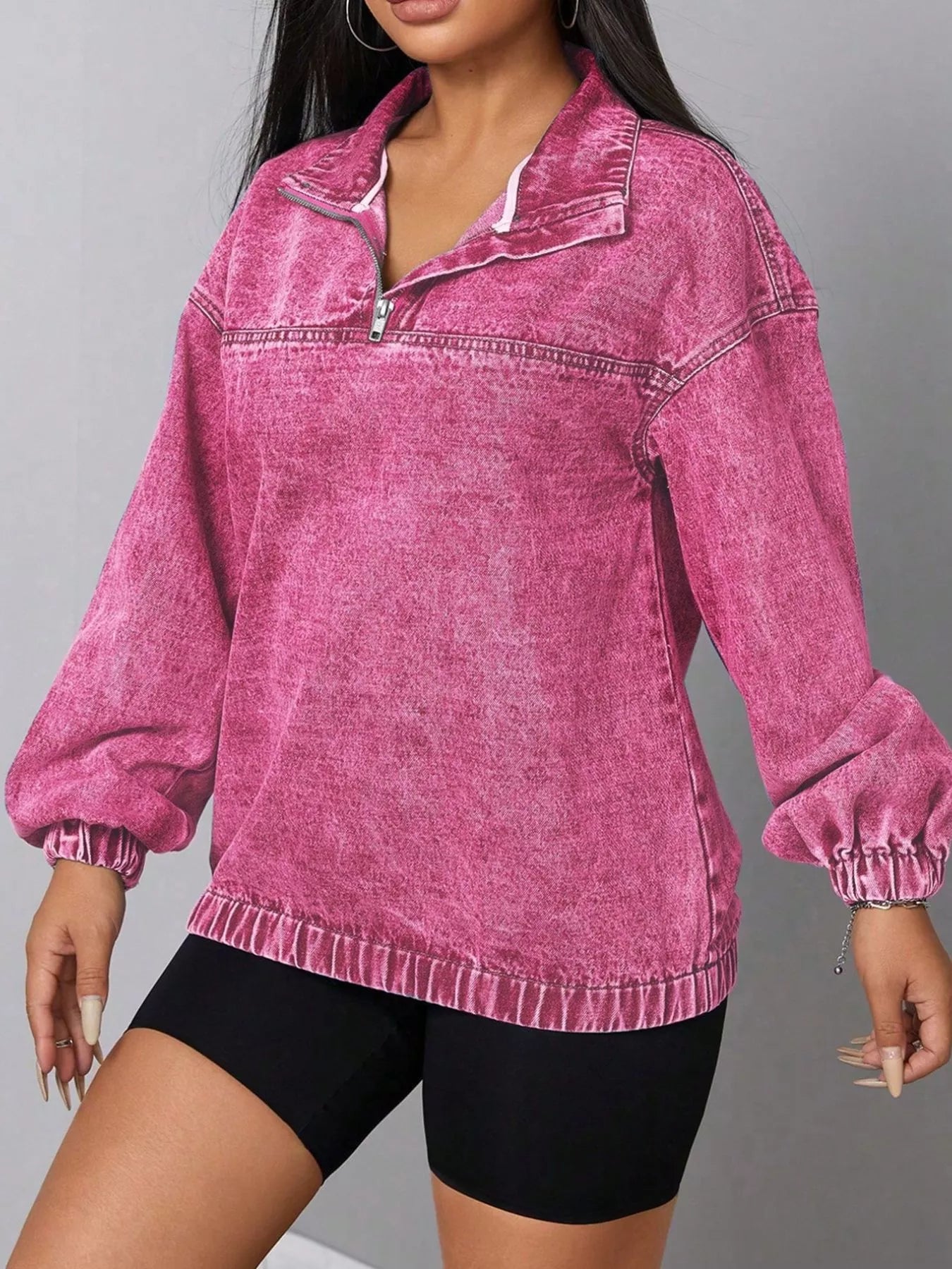 Zip Collar Long Sleeve Denim Shirt Top