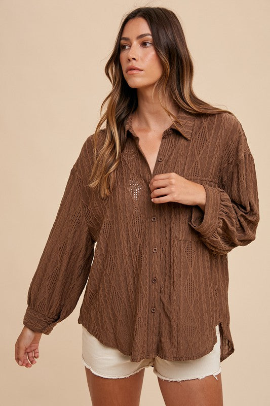 AnnieWear Openwork Button-Down Drop Shoulder Shirt