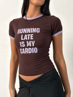 Letter Graphic Round Neck T-Shirt - Trendy & Casual Brown