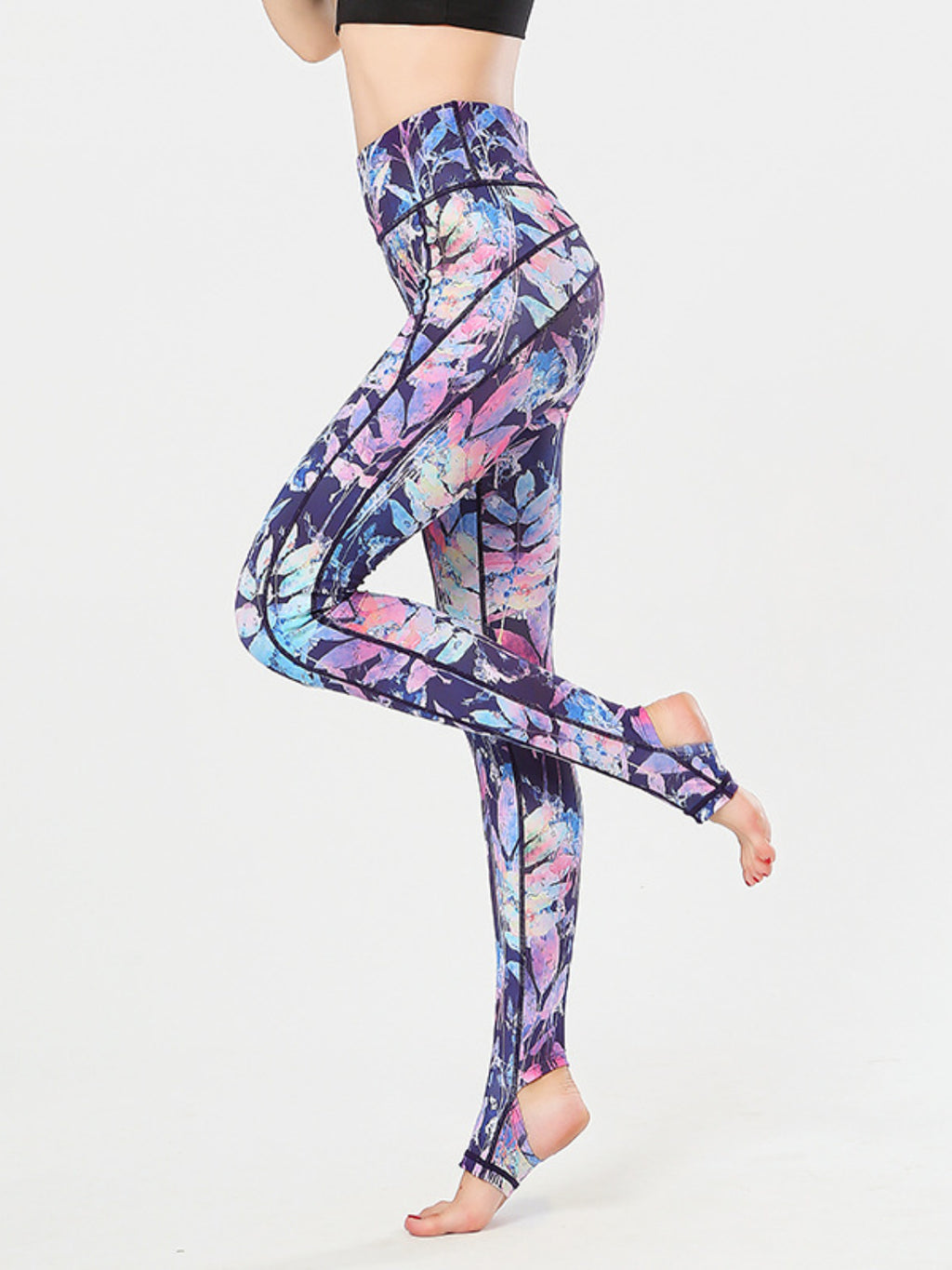 Printed Wide Waistband Active Leggings with Stirrups - High Stretch & Stylish
