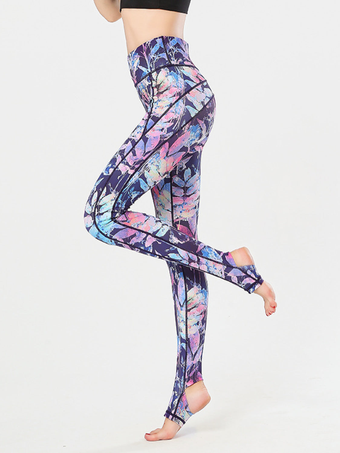 Printed Wide Waistband Active Leggings with Stirrups - High Stretch & Stylish