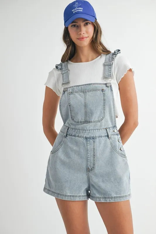 MABLE Ruffle Denim Overall Romper - Square Neck Style