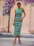 CoastEase Striped Sleeveless Round Neck Cover-Up Midi Dress Green