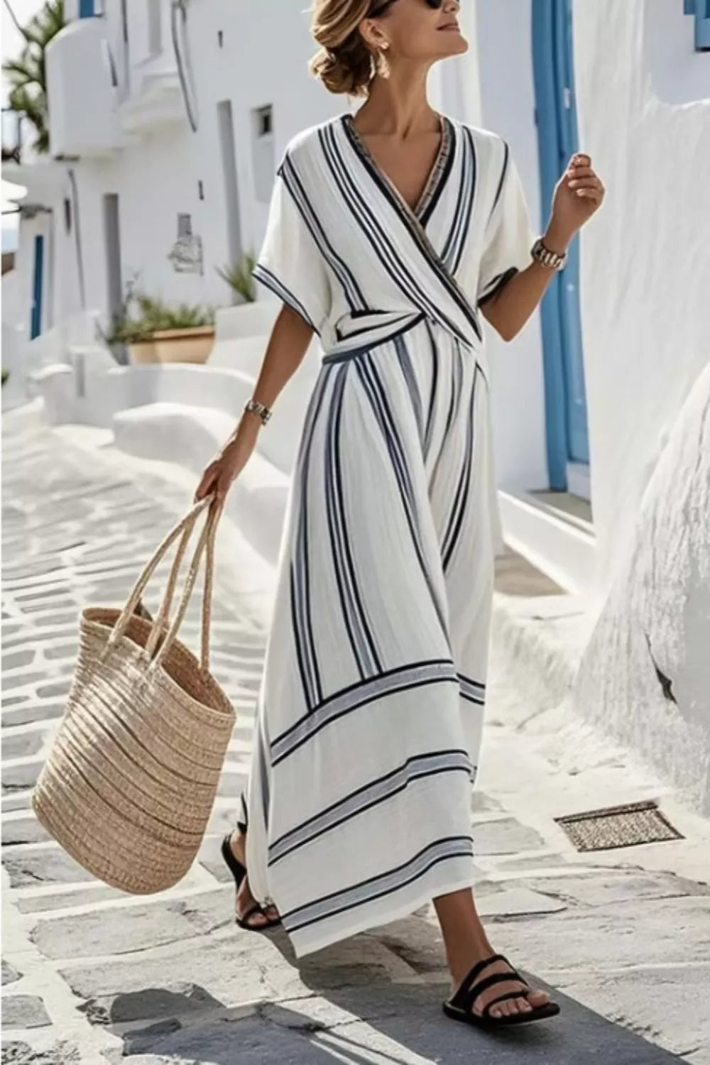 Striped Wrap Half-Sleeve Maxi Dress
