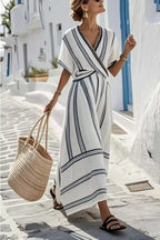 Striped Wrap Half-Sleeve Maxi Dress