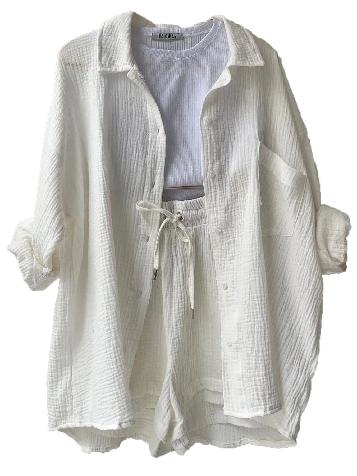 Chic Textured Button-Up Shirt & Shorts Two-Piece Set White