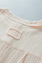 Textured Frayed Trim Half Button Short Sleeve Top