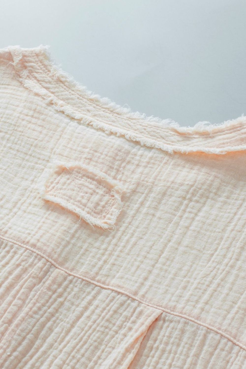 Textured Frayed Trim Half Button Short Sleeve Top