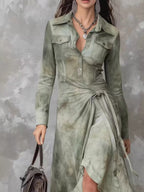 High-Low Ruffled Long Sleeve Tie-Waist Dress