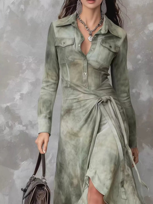 High-Low Ruffled Long Sleeve Tie-Waist Dress