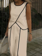 Contrast-Trim Top & Wide-Leg Pants Co-Ord Set