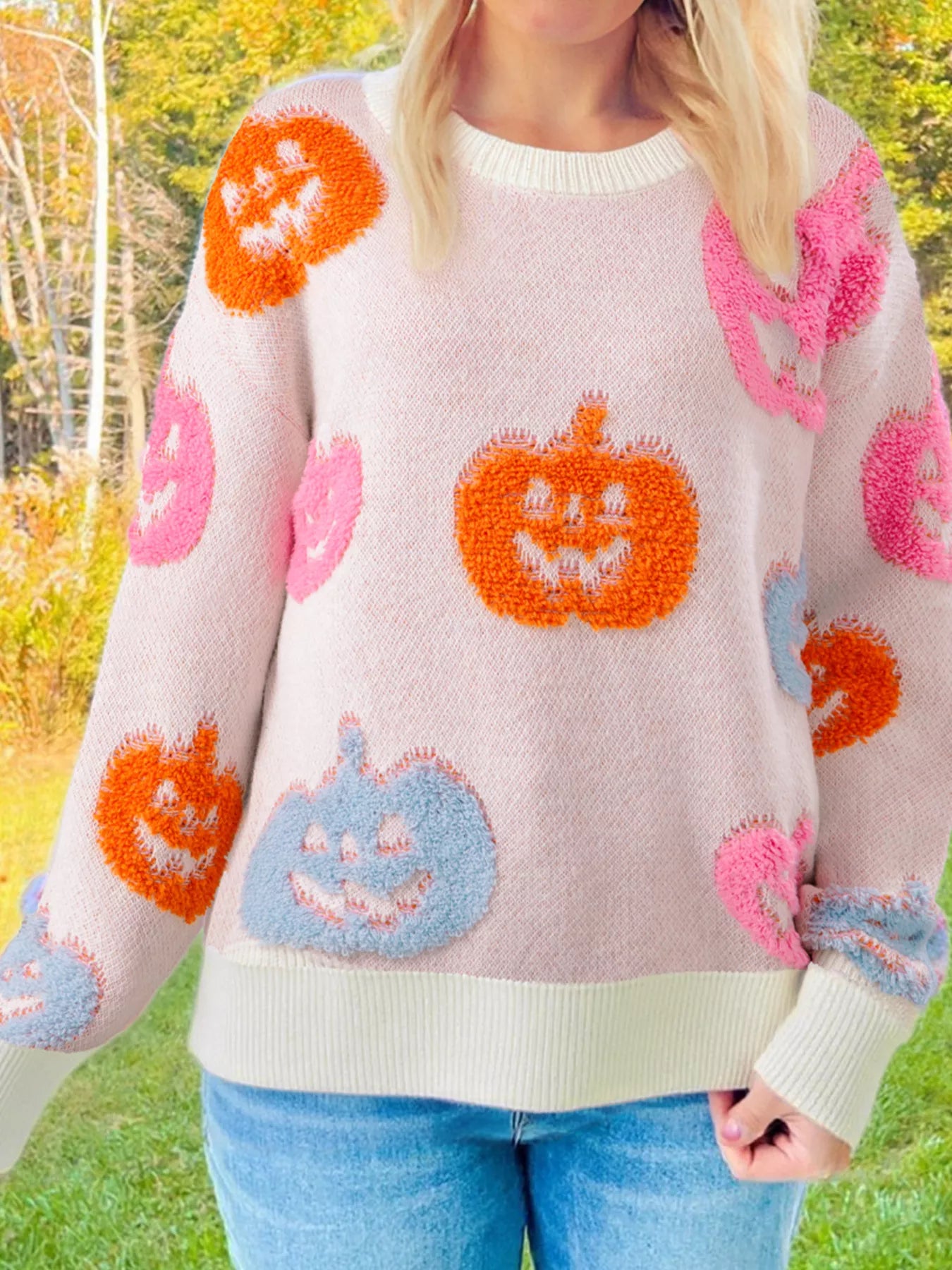 Halloween Cute Pumpkin Pattern Knit Sweater Dusty Pink