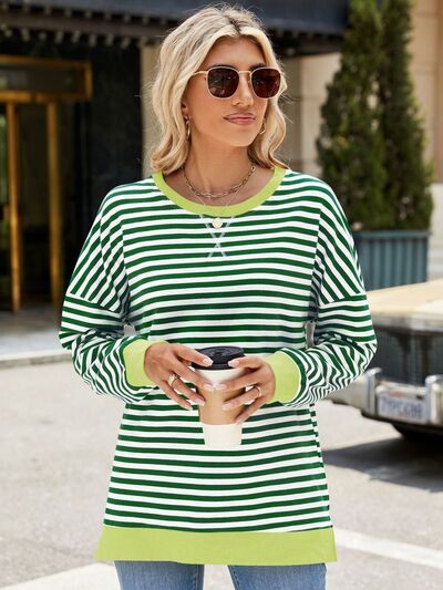 Chic Striped Slit Detail Long Sleeve Sweatshirt