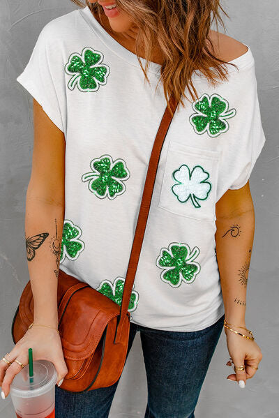 Sequin Lucky Clover Boat Neck Short Sleeve T-Shirt White