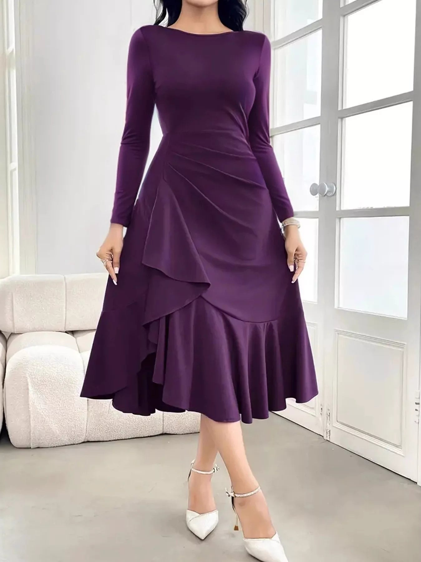 Ruffled Hem Long Sleeve Ruched Slit Dress Purple