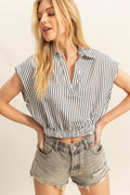 Striped Elastic Hem Johnny Collar Cap Sleeve Blouse Black