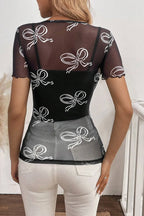 Elegant Sheer Bow Mesh Round Neck Short Sleeve Lightweight Top