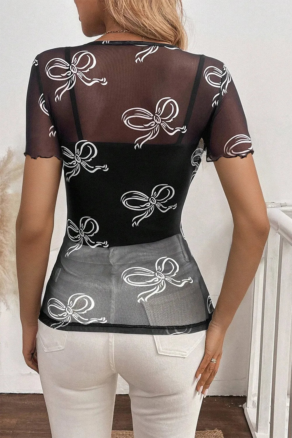 Elegant Sheer Bow Mesh Round Neck Short Sleeve Lightweight Top