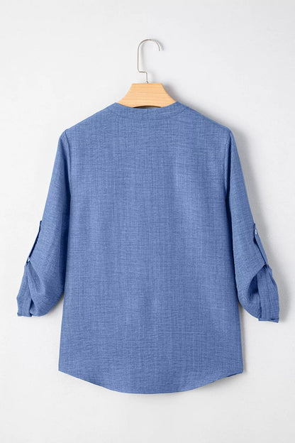 Classic Roll-Up Sleeve Notched Collar Blouse with Pocket Detail