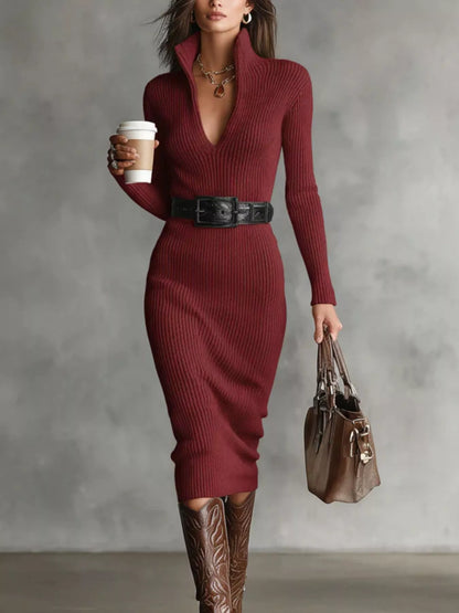 Full-Size Ribbed Knit Turtleneck Sweater Dress (Plus Size) Red