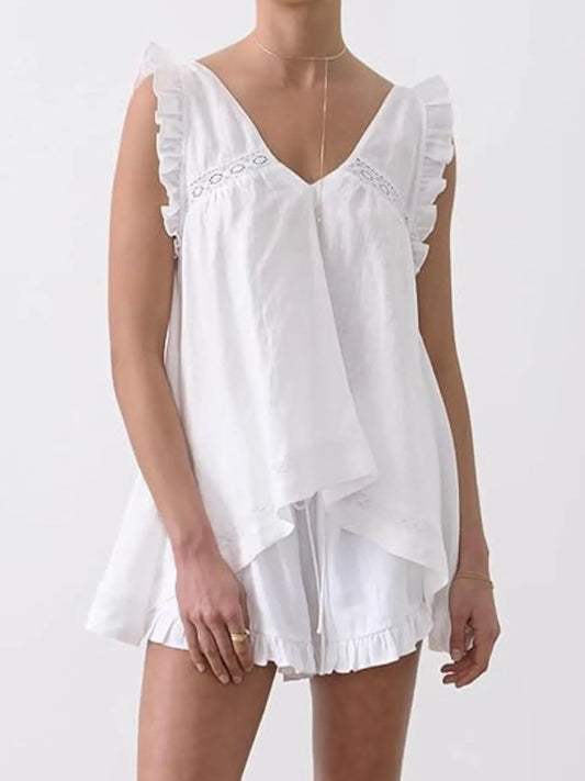 Ruffled V-Neck Top & High-Waist Shorts Co-Ord Set White