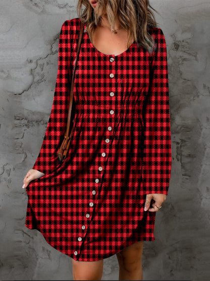 Plaid Long Sleeve Buttoned A-Line Mini Dress Deep Red