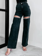 Ripped Wide Leg Wash Denim Jeans