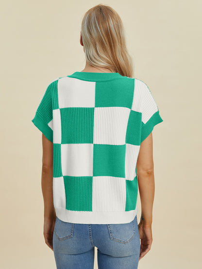 Double Take Checkered Round Neck Short Sleeve Sweater