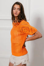 BiBi Puff Sleeve Crochet Knit Beach Cover-Up