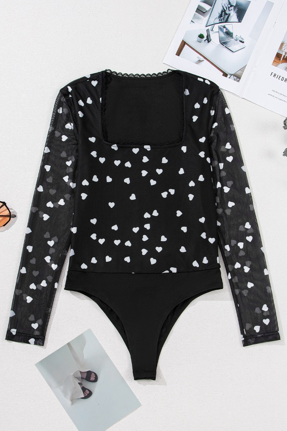 Heart Square Neck Long Sleeve Lace Detail Bodysuit