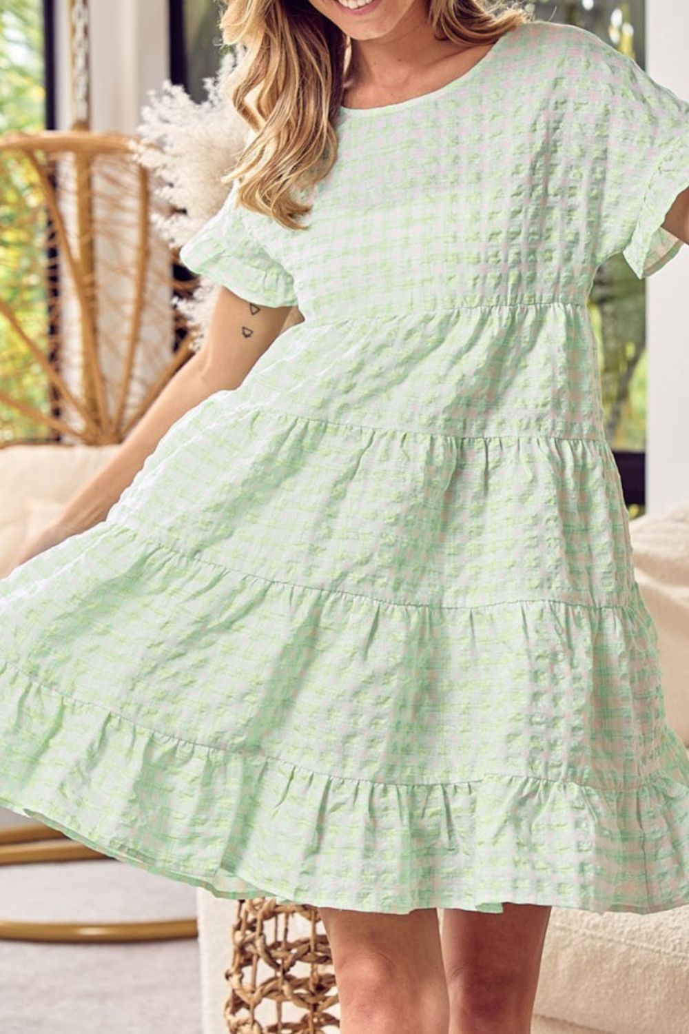 Textured Short Sleeve Tiered Mini Dress - Chic & Flowy