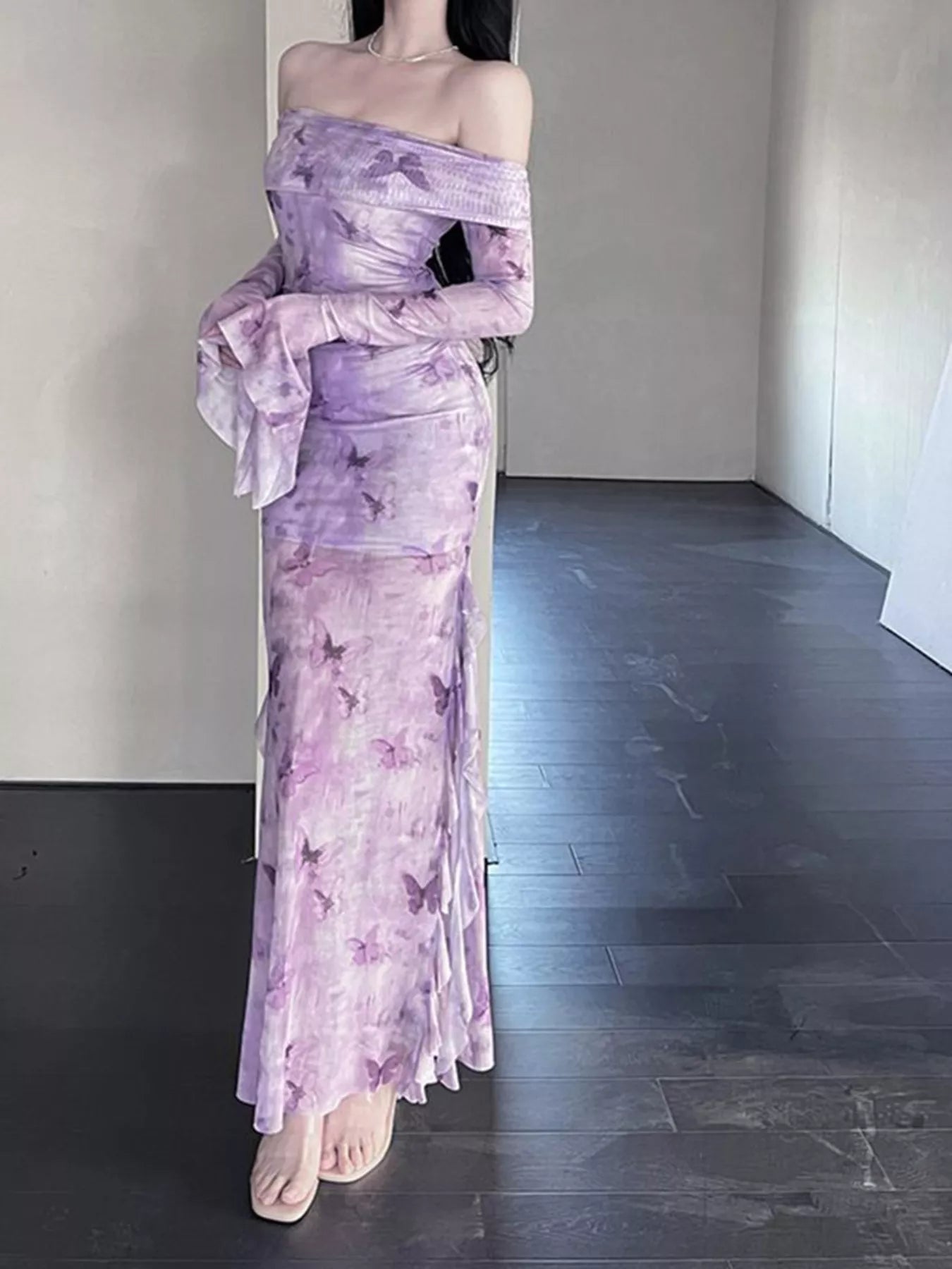 Butterfly Print Off-Shoulder Mesh Mermaid Dress