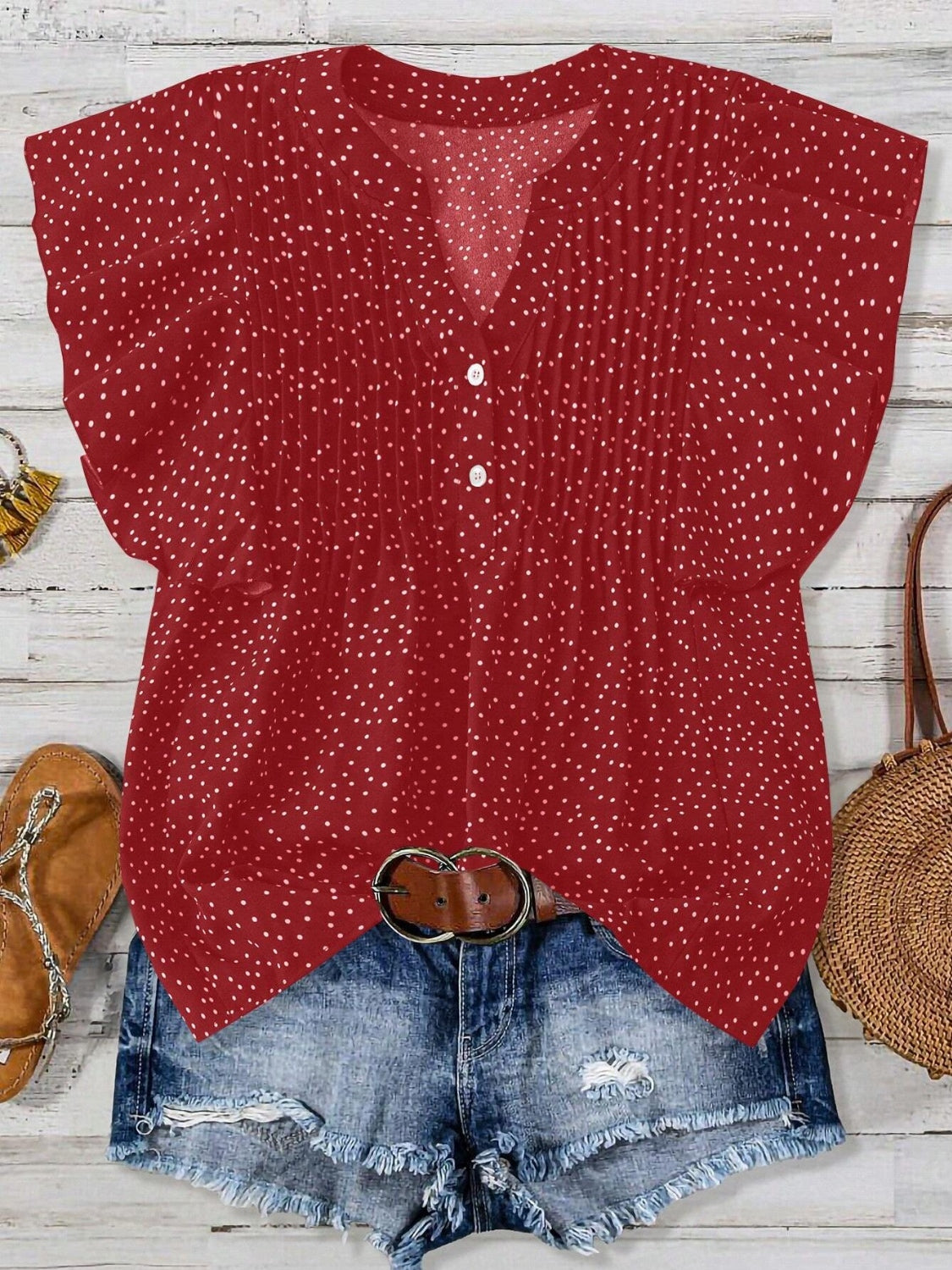 Polka Dot Ruffled Cap Sleeve Blouse - Chic & Feminine Deep Red