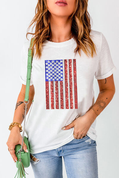 US Flag Sequin Round Neck Short Sleeve T-Shirt White