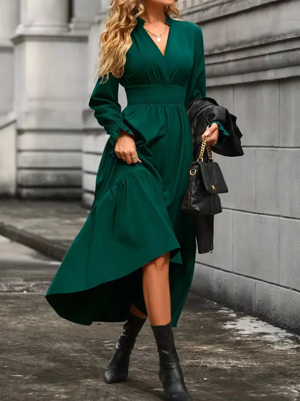 Elegant Ruched Surplice Long Sleeve Tiered Midi Dress