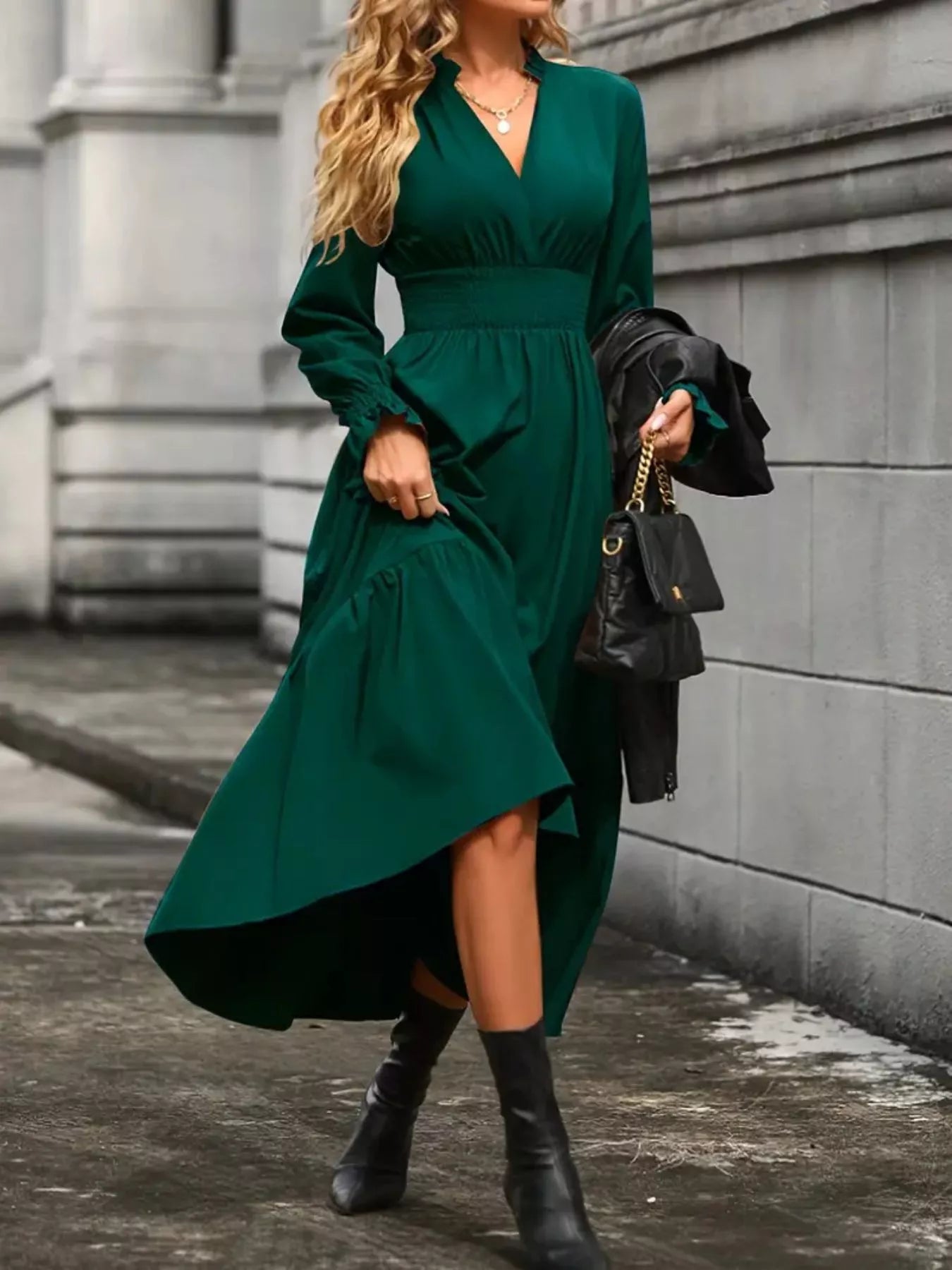 Elegant Ruched Surplice Long Sleeve Tiered Midi Dress