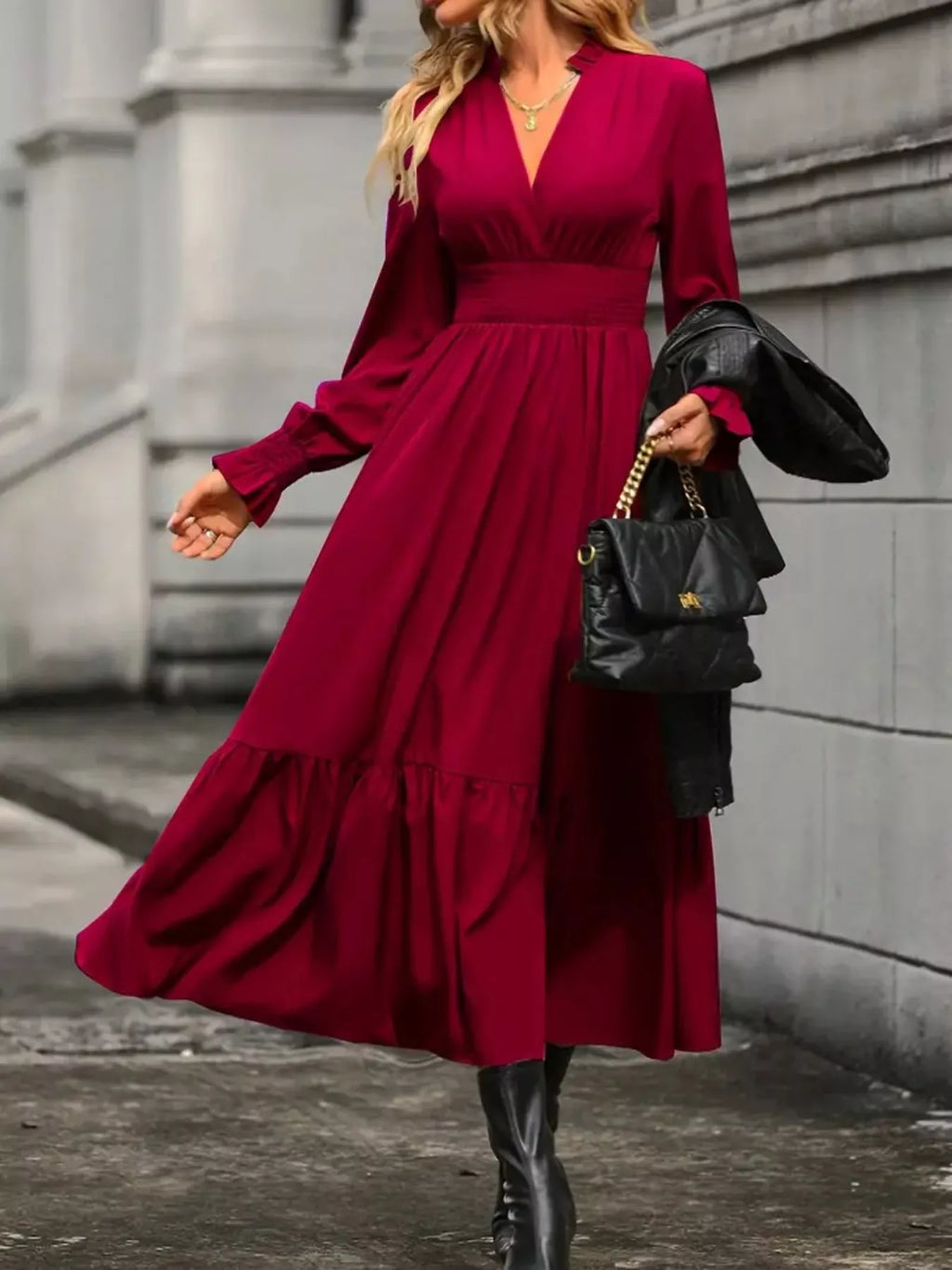 Elegant Ruched Surplice Long Sleeve Tiered Midi Dress