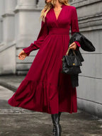 Elegant Ruched Surplice Long Sleeve Tiered Midi Dress