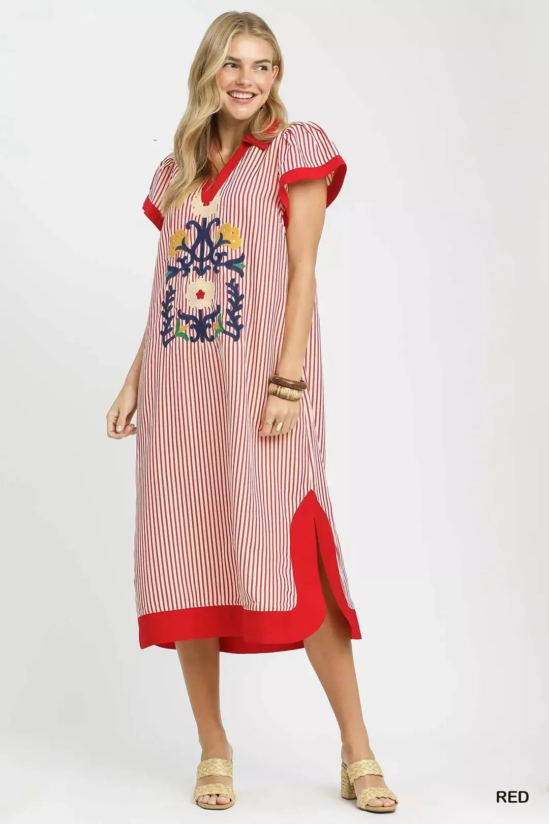 Umgee Floral Embroidered Stripe Caftan Dress with Side Slits Red