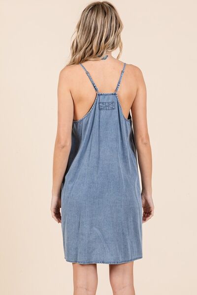 Mittoshop Washed Patch Pocket Mini Cami Denim Dress