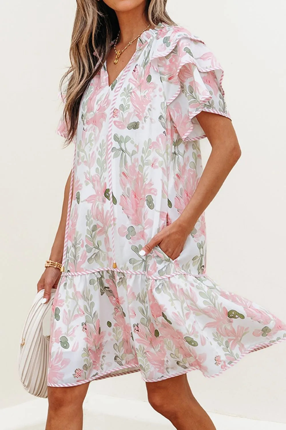 Floral Contrast Edge Mini Dress - Ruffled Short Sleeve Summer Look