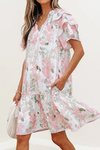 Floral Contrast Edge Mini Dress - Ruffled Short Sleeve Summer Look